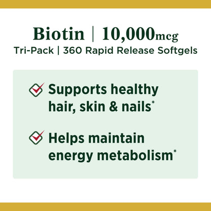 Nature's Bounty Biotin 10,000 mcg – Hair, Skin & Nails – Pack of 3, 120 Count