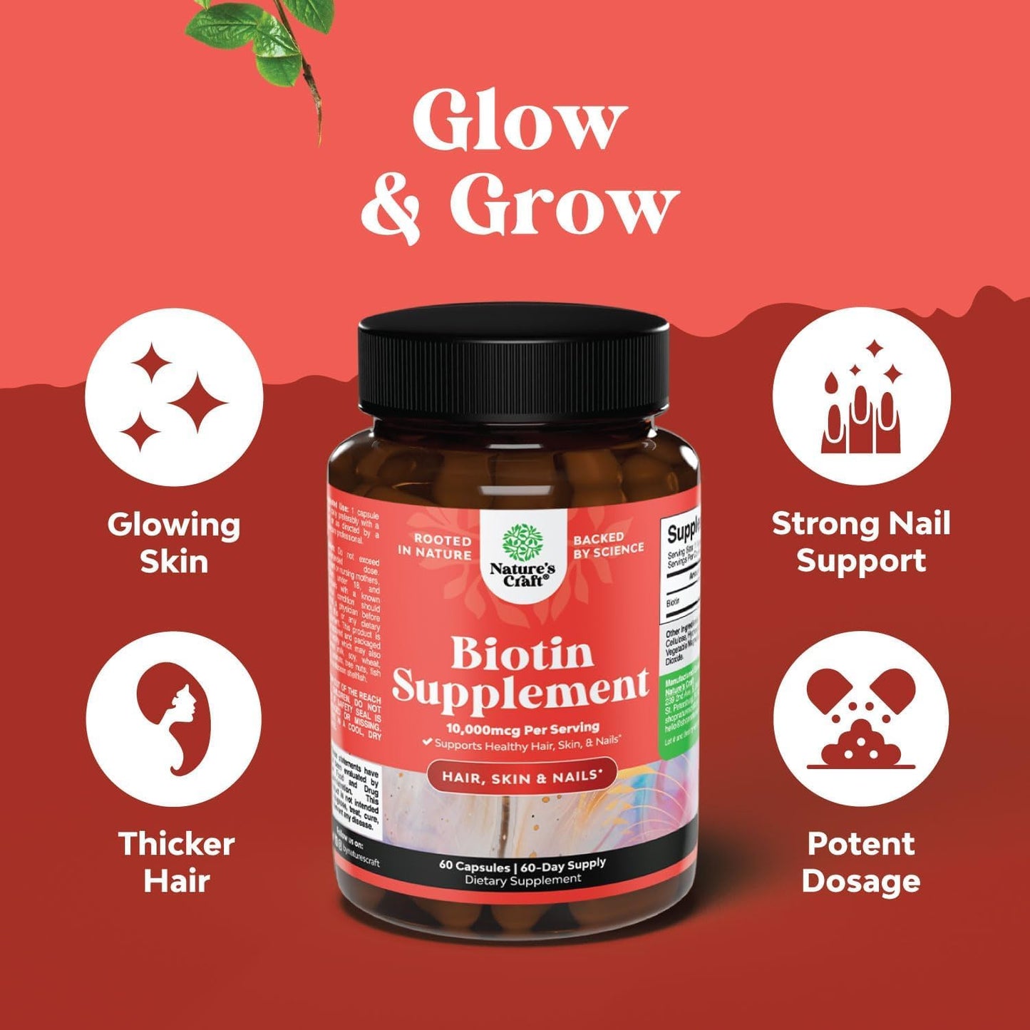 Natures Craft Biotin 10000 mcg Pills – Thicker Hair, Strong Nails, Clear Skin – Vegetarian Capsules