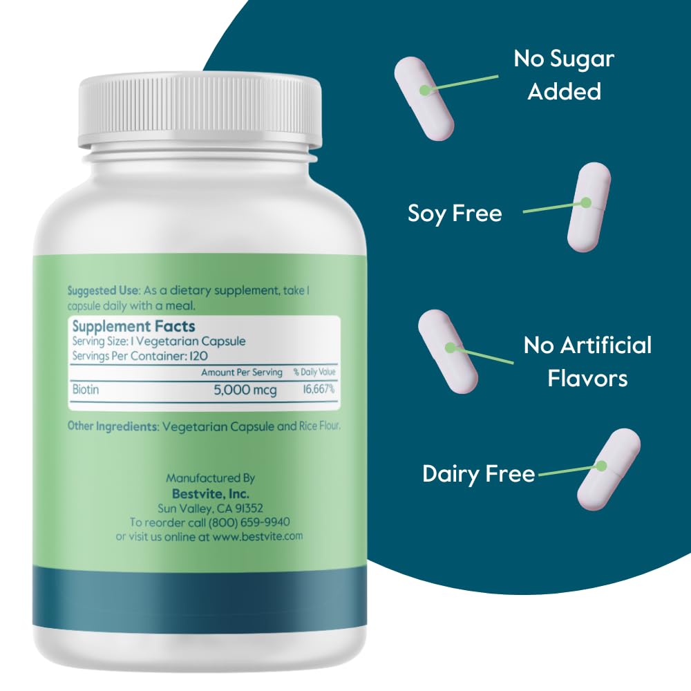 BESTVITE Biotin 5000mcg – 240 Veggie Capsules | Hair, Skin & Nails | Vegan