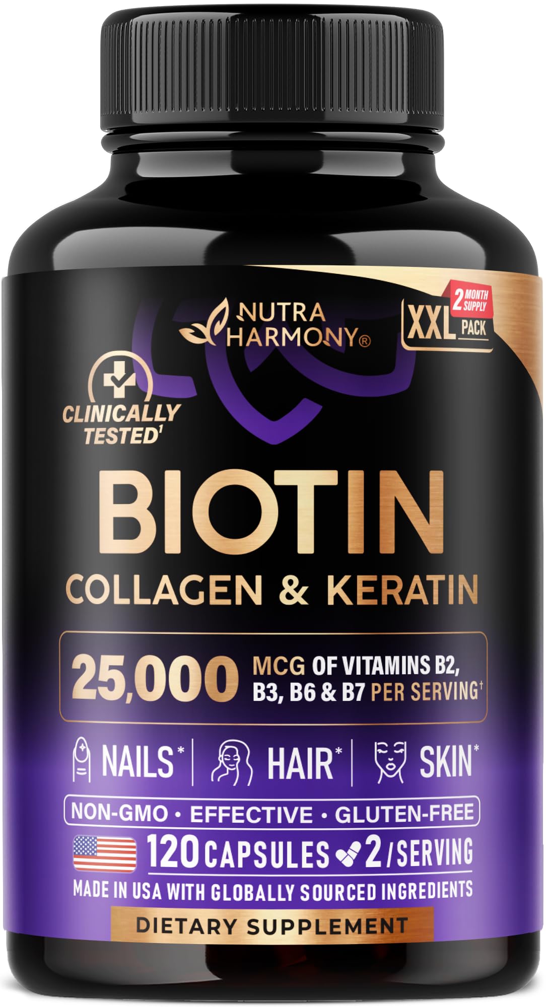 Nutraharmony Biotin + Collagen + Keratin with Hyaluronic Acid — Hair, Skin & Nails Support, 25,000 mcg Biotin, 120 Capsules, Made in USA