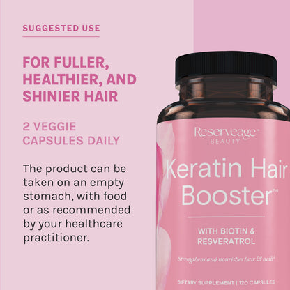 Reserveage Beauty Keratin Hair Booster with Biotin & Resveratrol – Hair & Nail Growth (120 Capsules)