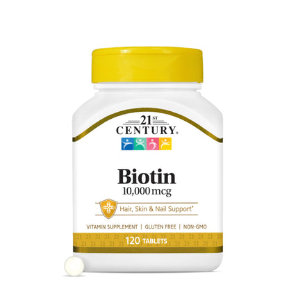 21st Century Biotin Tablets - 10,000 mcg Unflavored, 120 Count