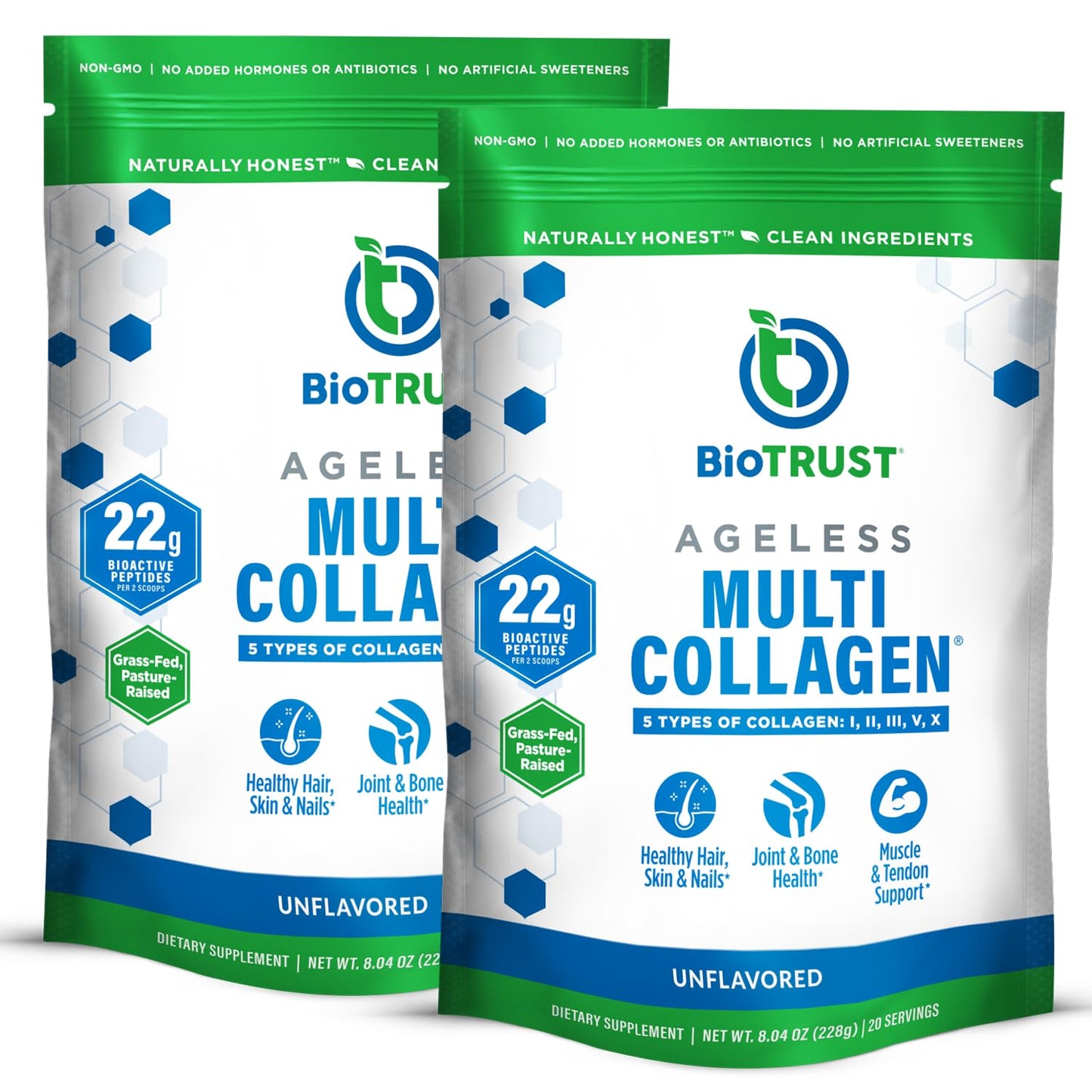BioTrust Ageless Multi Collagen Peptides Powder – 5 Types I II III V X – Unflavored, 10 g Bioactive Protein, Grass-Fed, 2-pack