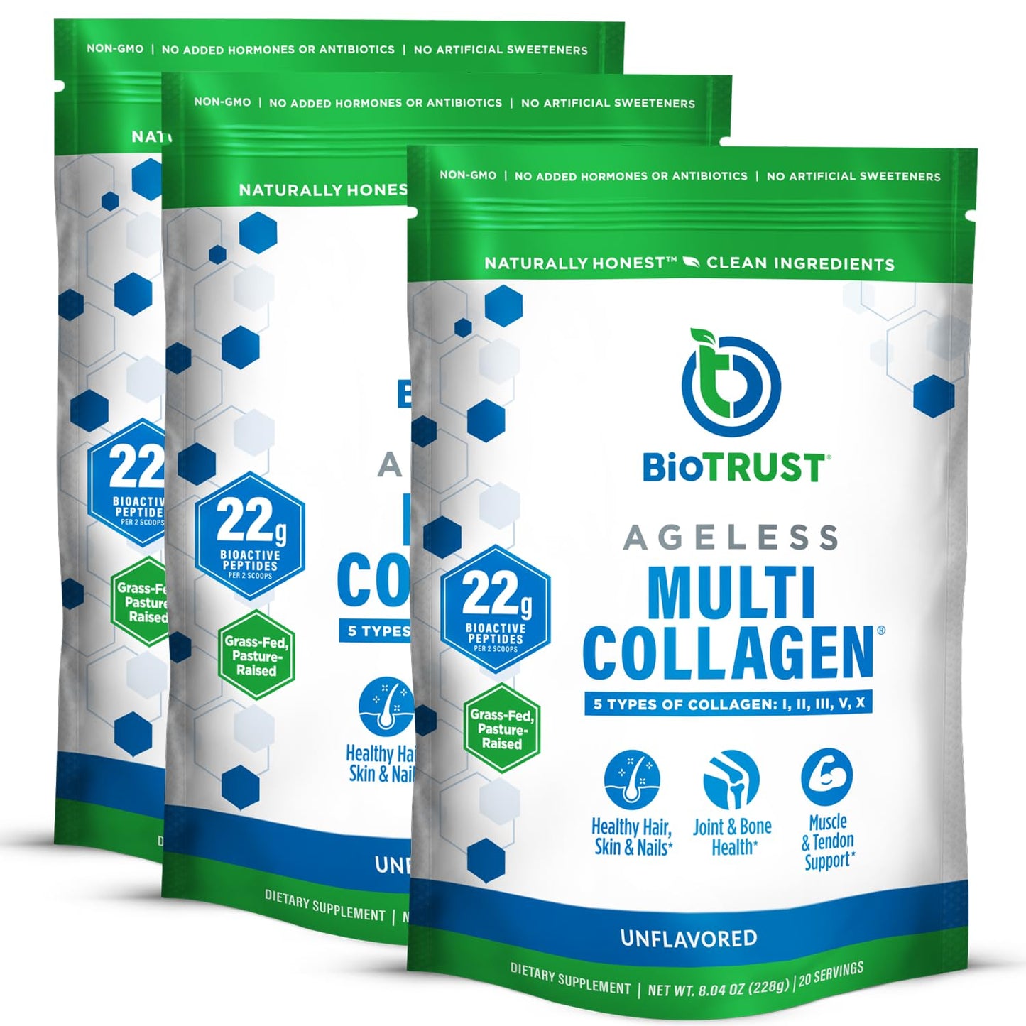 BioTrust Ageless Multi Collagen Peptides Powder – 5 Types (I, II, III, V, X) – 10g per Serving – 3-pk