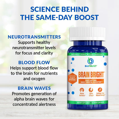 BioTrust Brain Bright – Daily Nootropic Boost for Focus, Concentration, Mental Clarity – Caffeine Free Nootropics Brain Support Supplement – Thai Ginger, Ginkgo, Folate, L-Theanine – 30 Servings
