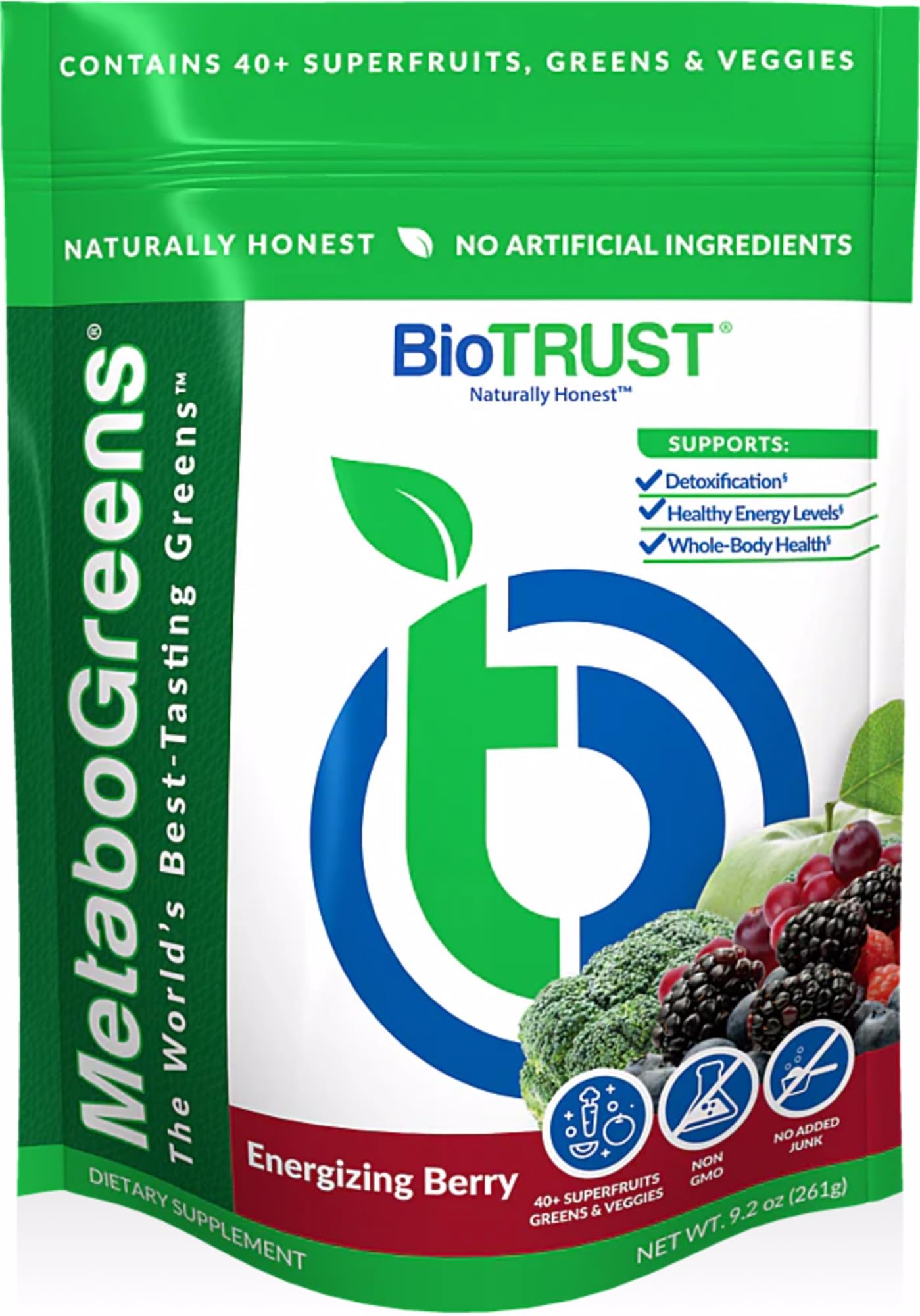 BioTrust Metabo Greens Superfood Powder – Berry Flavor, 30 Servings