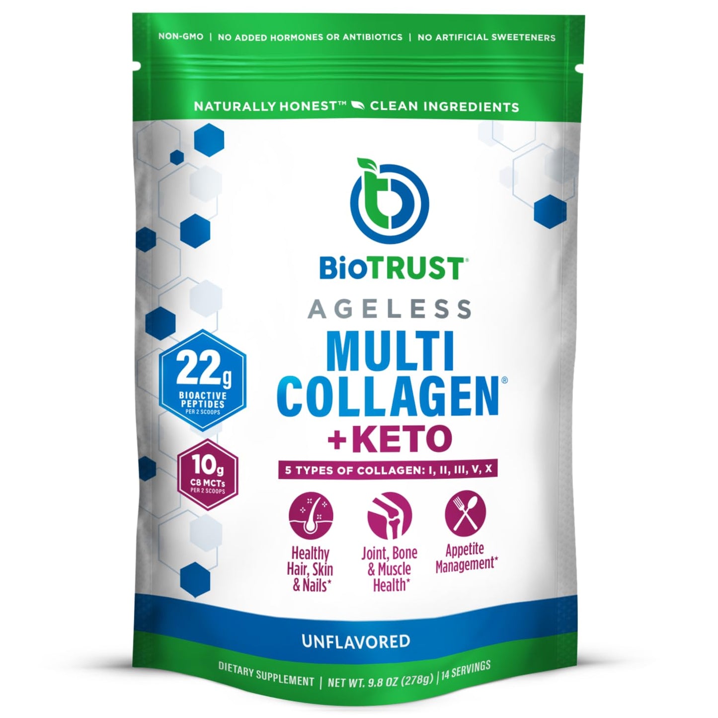 BioTrust Multi Collagen Protein Powder + Keto MCT Oil (Unflavored) – 5 Types I–X & C8 MCT