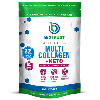 BioTrust Multi Collagen Protein Powder + Keto MCT Oil (Unflavored) – 5 Types I–X & C8 MCT