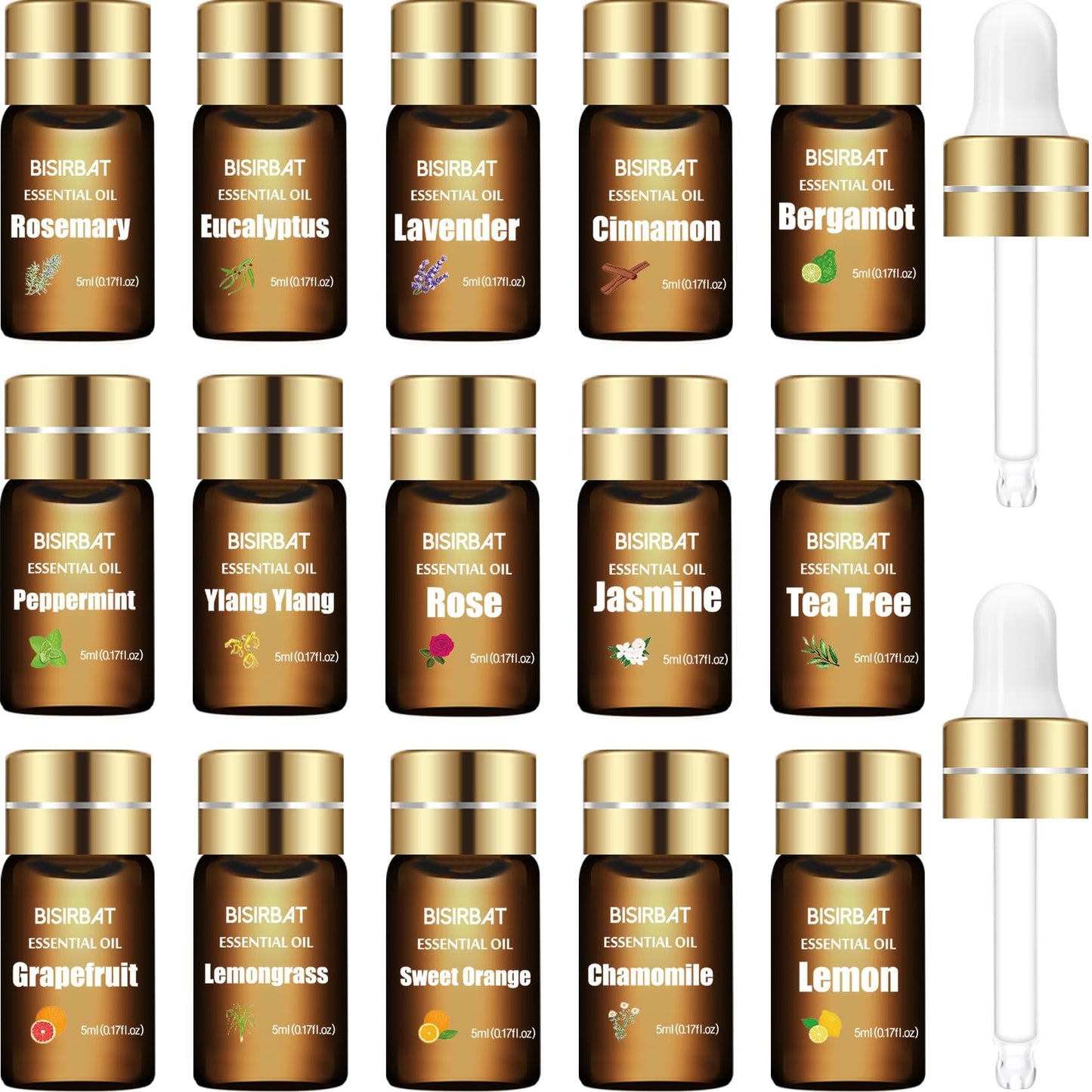 BISIRBAT 15-Pcs Essential Oil Set for Diffusers - 15 x 5ml | Aromatherapy