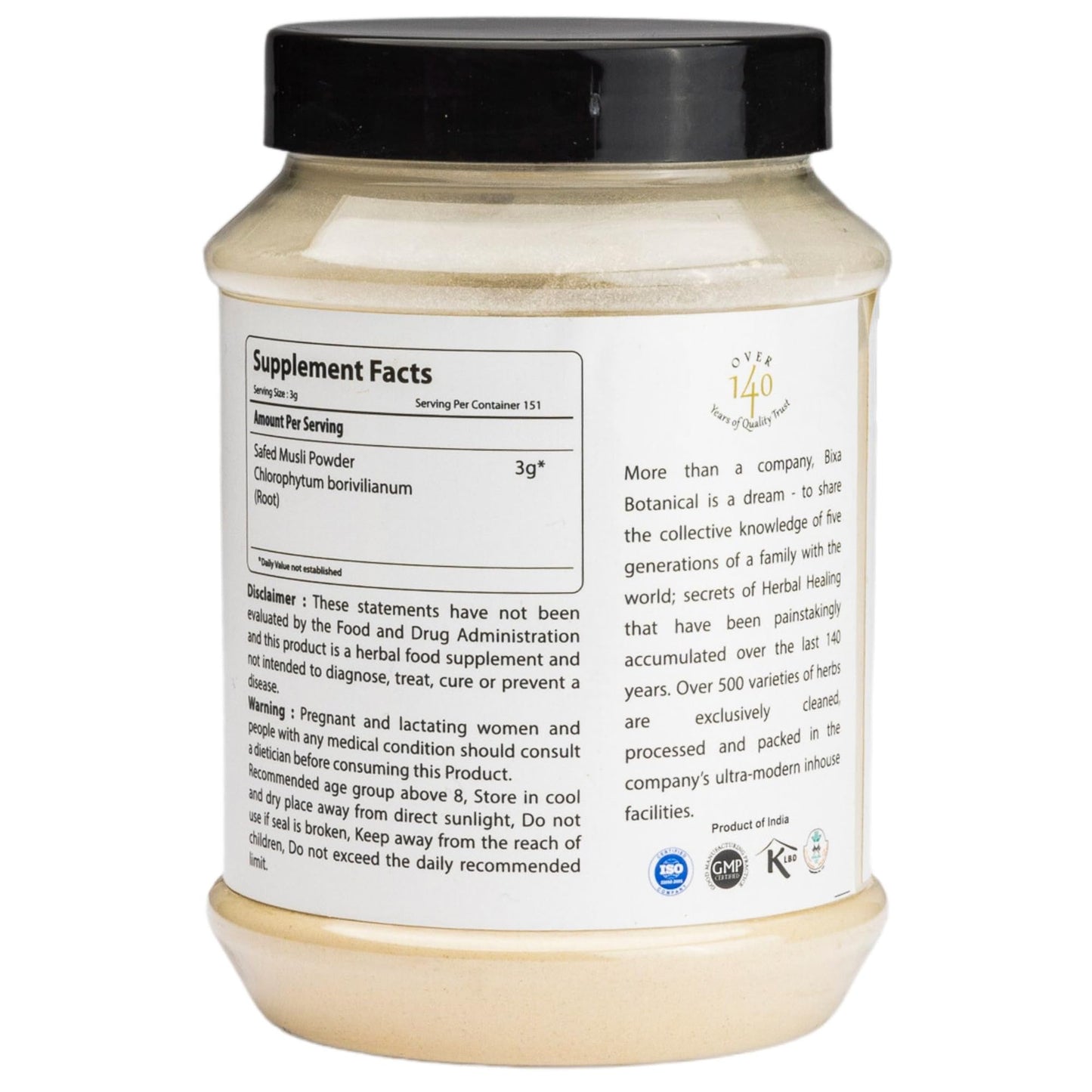 Bixa Botanical Safed Musli Powder - Ayurvedic Herbal Supplement, Gluten Free, Non-GMO, Steam Sterilized, Vegan (16 oz)