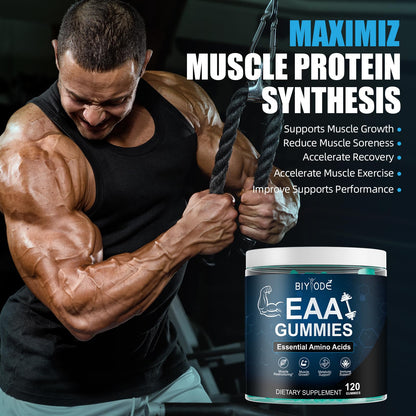 BIYODE EAA Gummies – Essential Amino Acids + BCAAs for Muscle Support (Sugar-Free Blue Raspberry, 120 Gummies)