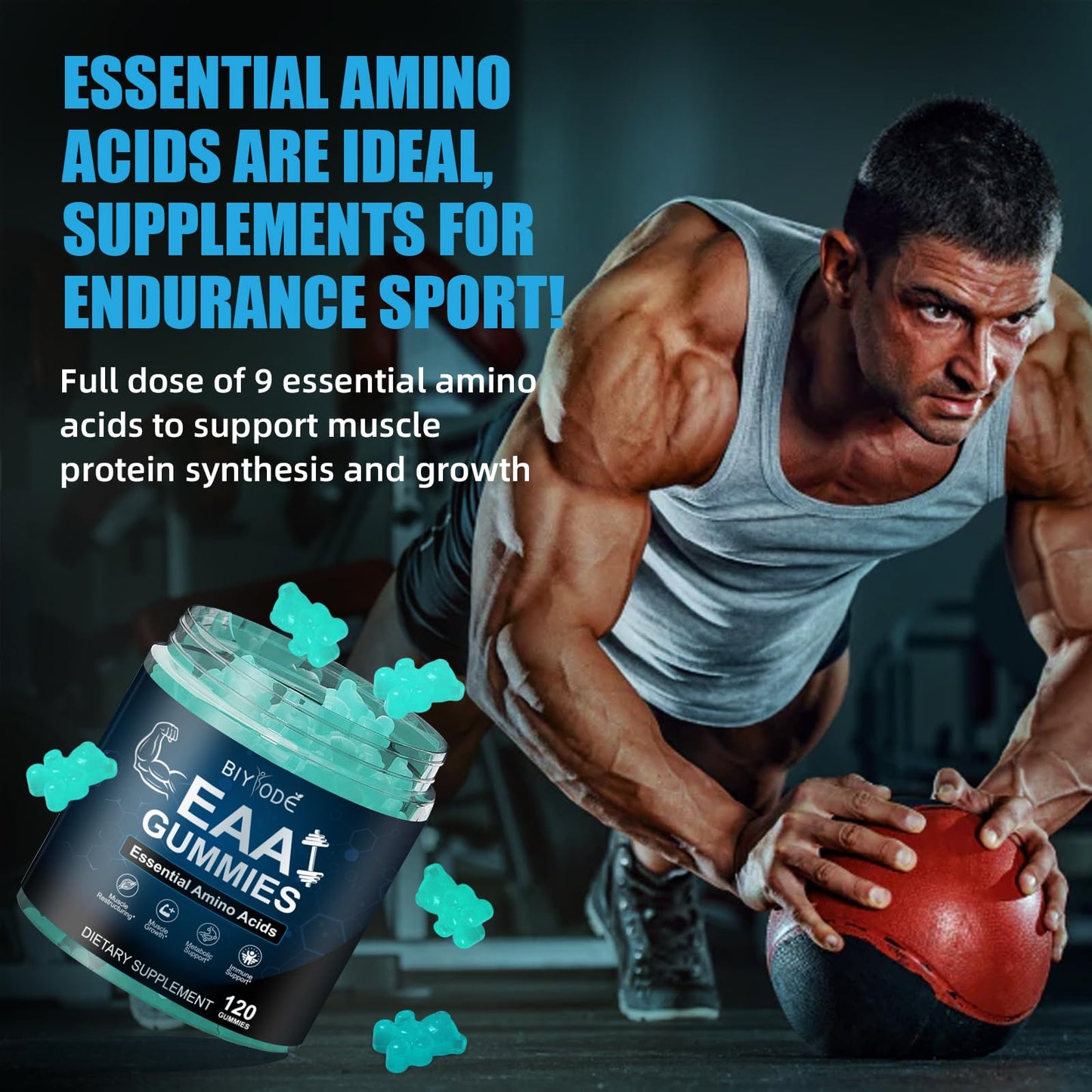 BIYODE EAA Gummies – Essential Amino Acids + BCAAs for Muscle Support (Sugar-Free Blue Raspberry, 120 Gummies)