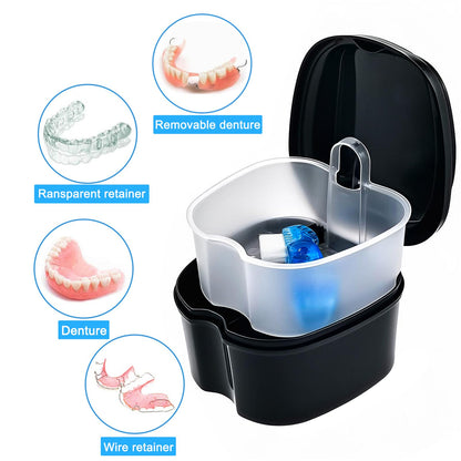 Black Denture Soaking Container - Partial Denture Case & Retainer Cleaning Cup
