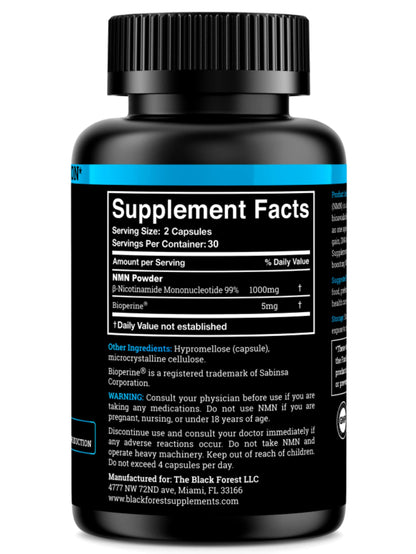 Black Forest NMN 1000mg Supplement – BioPerine Enhanced NAD Booster (60 Capsules)