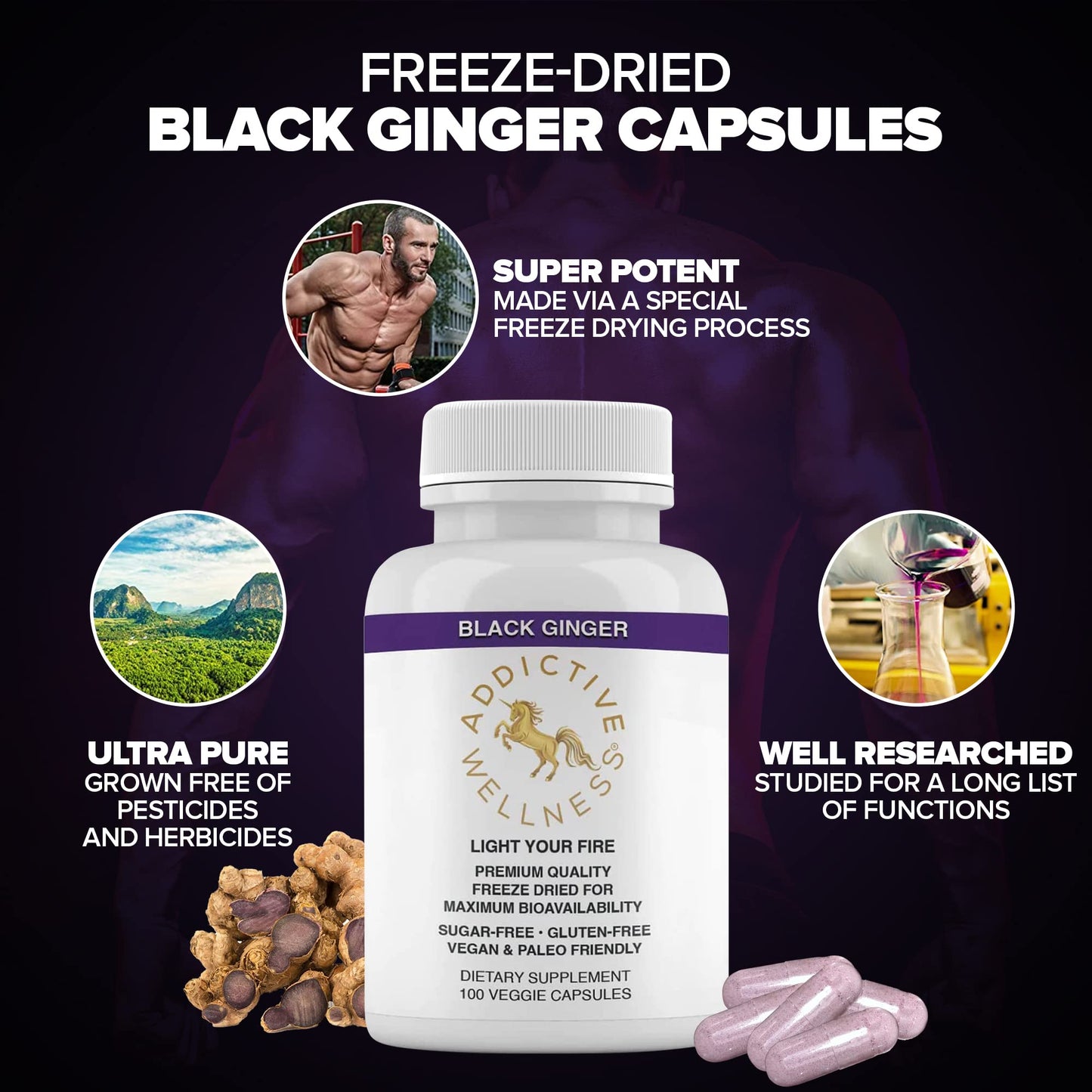 Addictive Wellness Black Ginger Capsules 450mg – Kaempferia Parviflora for Energy, Endurance & Metabolism | Vegan & Paleo | 100 Count