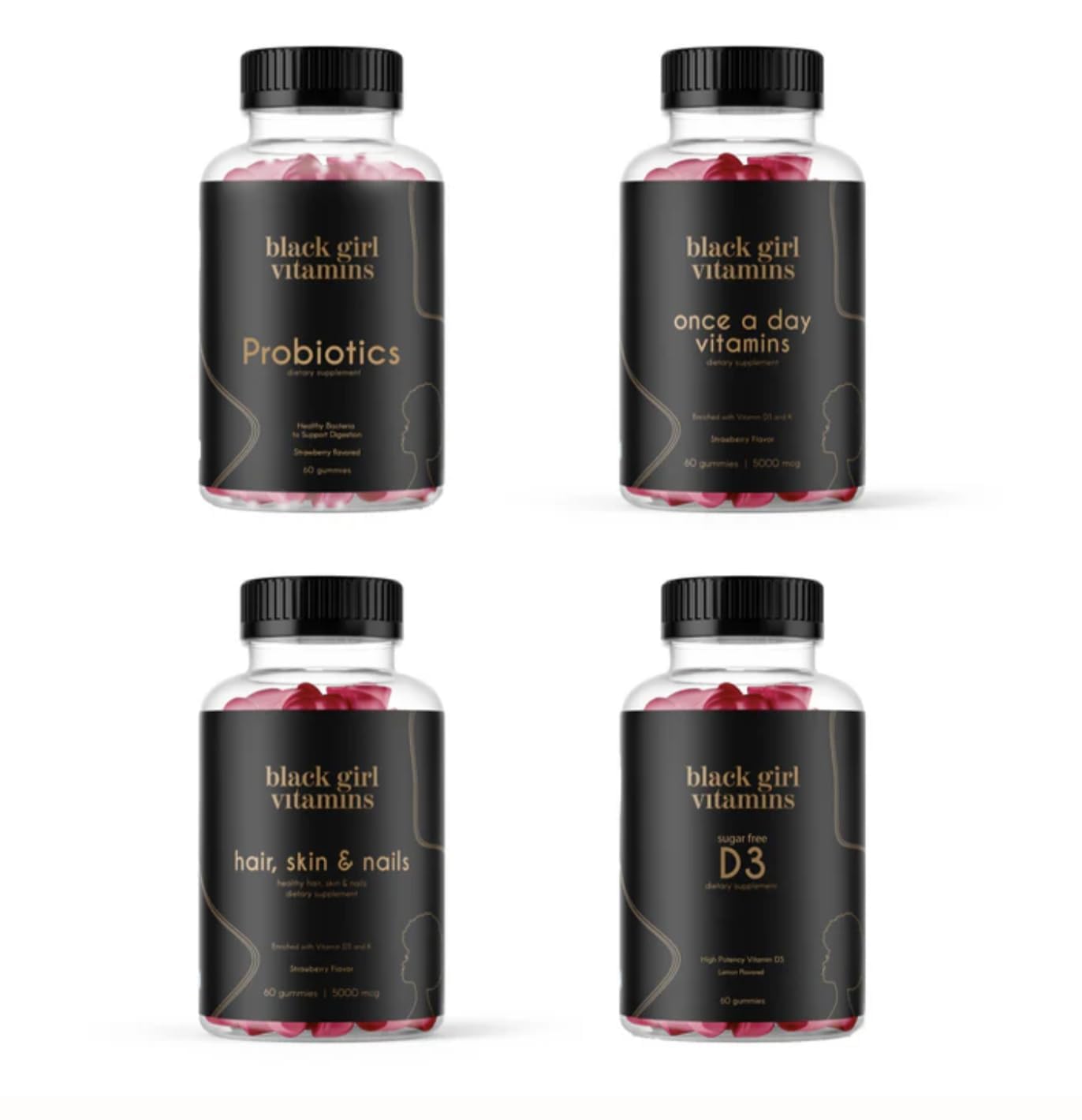 Black Girl Vitamins Complete Wellness Essentials – 30-Day Bundle with D3 Gummies, Probiotics, Hair-Skin-Nails & Sea Moss