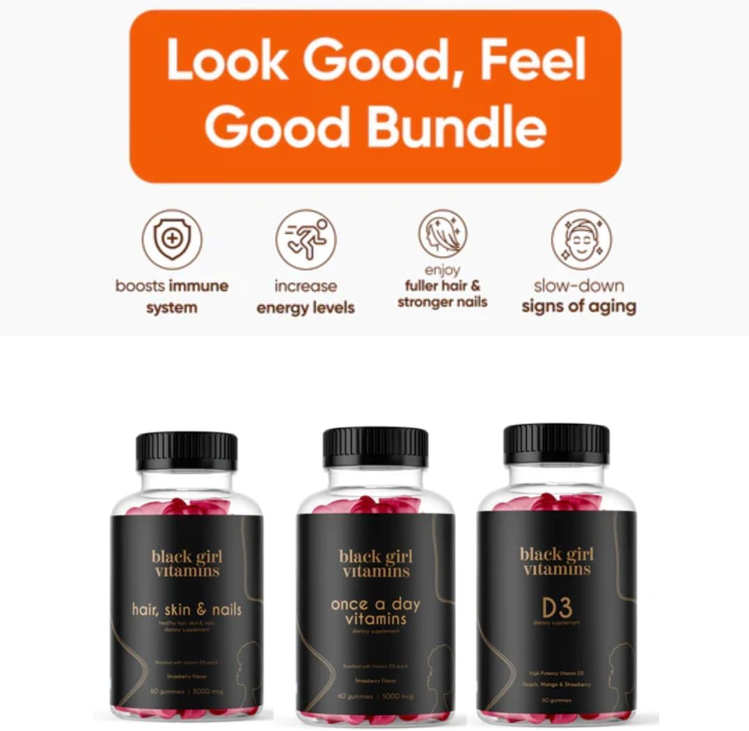 Black Girl Vitamins Look Good Feel Good Bundle – Hair Skin & Nails + Vitamin D3 2000IU + Once a Day Multivitamin