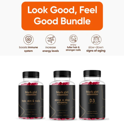 Black Girl Vitamins Look Good Feel Good Bundle – Hair Skin & Nails + Vitamin D3 2000IU + Once a Day Multivitamin