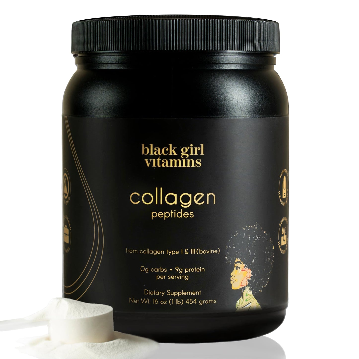 Black Girl Vitamins Collagen Peptides Powder – Unflavoured, Dairy-Free, Gluten-Free (16oz)