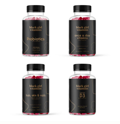 Black Girl Vitamins Complete Wellness Essentials – 30-Day Bundle with D3 Gummies, Probiotics, Hair-Skin-Nails & Sea Moss