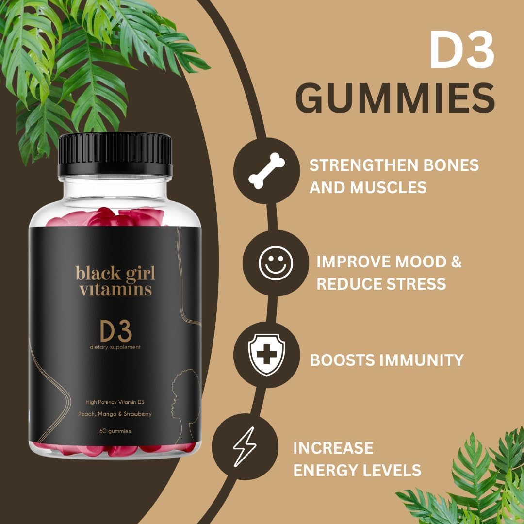 Black Girl Vitamins Vitamin D3 Gummies – 2000 IU, Gluten-Free, Immune, Energy & Bone Support