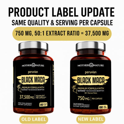 Mother Nature Black Maca 50:1 Extract – 37,500mg per Serving, 180 Vegan Capsules for Men