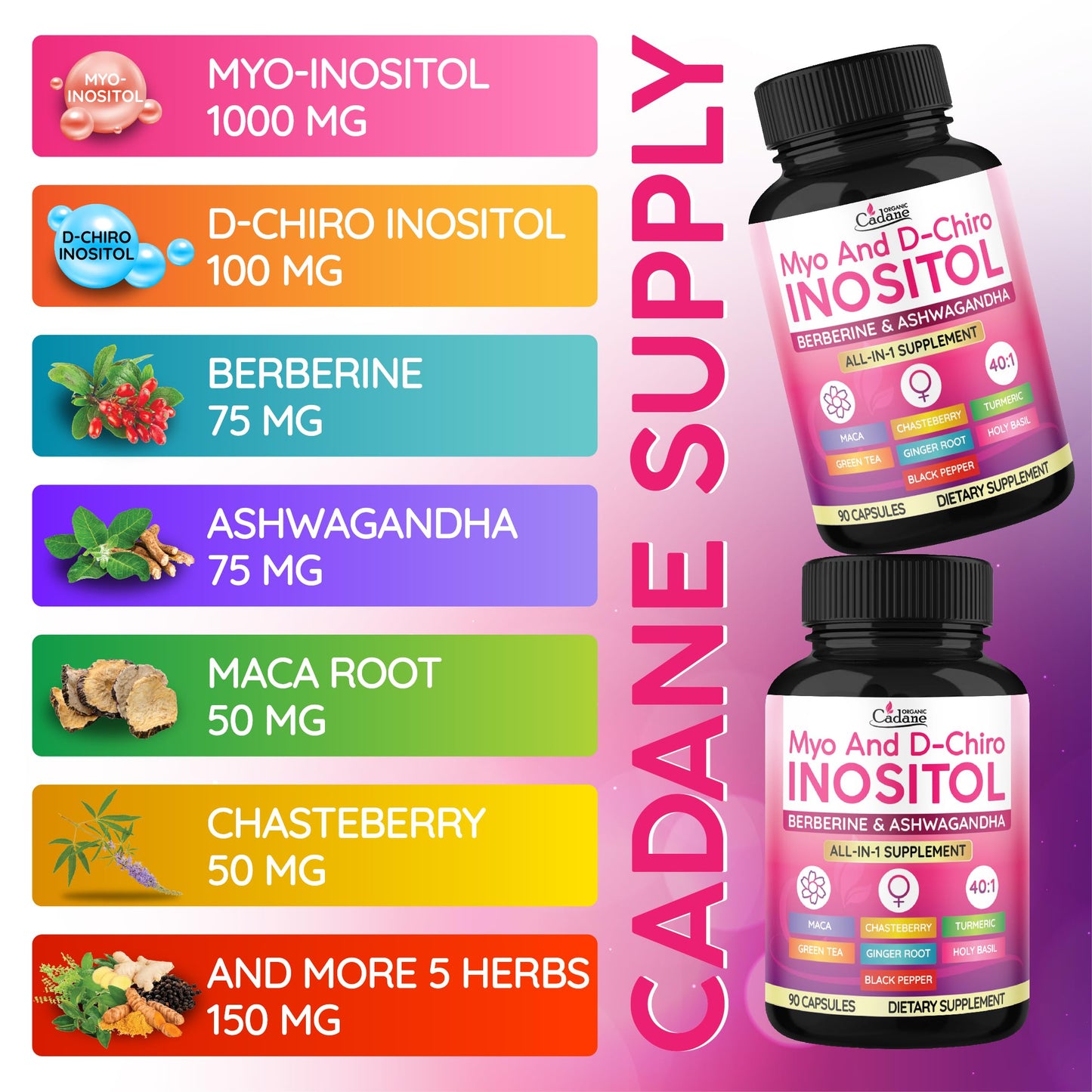 Organic Cadane Myo and D-Chiro Inositol Capsules for Women | with Berberine, Ashwagandha, Maca, Chasteberry & 6 More | Cycle Regularity, Body Management | Vegan, Non-GMO - 90 Capsules