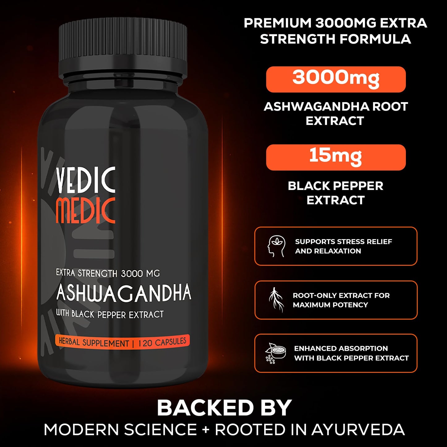 Vedic Medic Organic Ashwagandha Capsules Extra Strength 3000mg – Stress Relief, Mood & Energy Support (Vegan, Non-GMO)