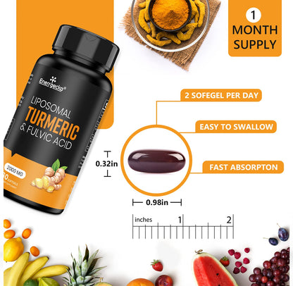 Enerrgecko 2000 mg Liposomal Turmeric Curcumin Softgels - Black Pepper & Ginger, Fulvic & Humic Acids, 3-Month Supply