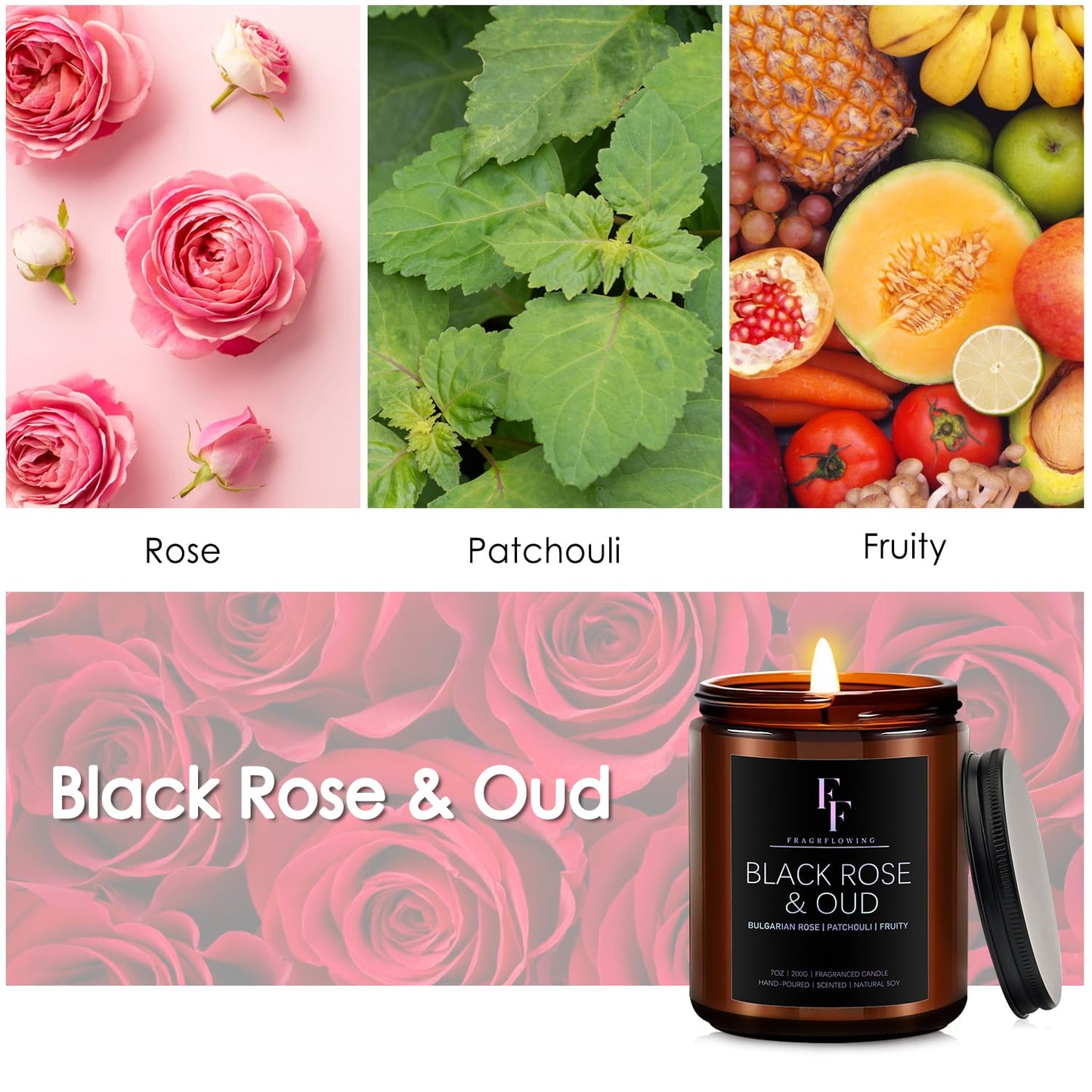 Black Rose & Oud Scented Candles – 7oz Soy Wax Jar | Aromatherapy Gift for Women & Men