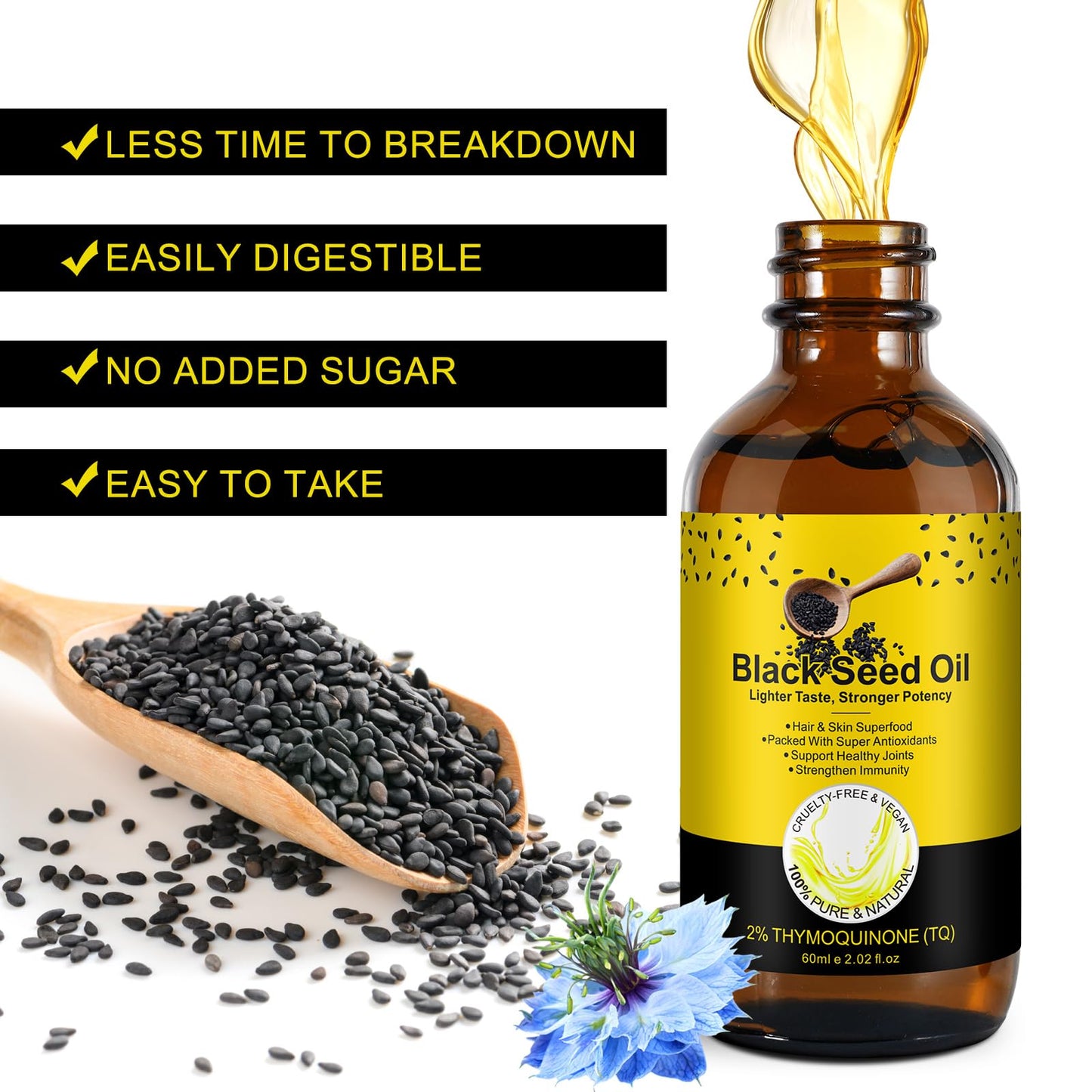 Black Seed Oil Organic Cold Pressed - 100% Pure Cumin Seed Oil for Hair & Skin