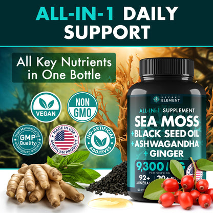 Secret Element Irish Sea Moss & Black Seed Oil Ashwagandha Ginger – All-in-One 20,000mg Capsules, 120 Count (Pack of 2)