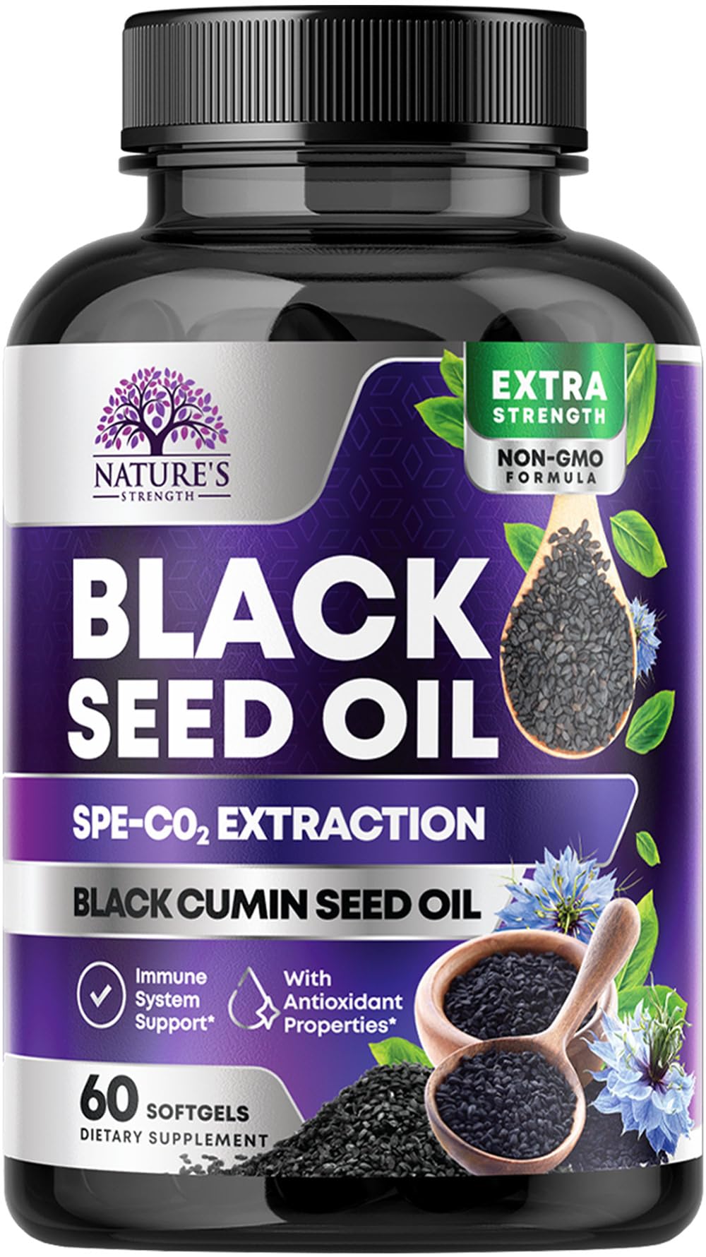Black Seed Oil Capsules 1000mg with Thymoquinone - Pure Nigella Sativa for Skin Health & Immune Support, 60 Softgels