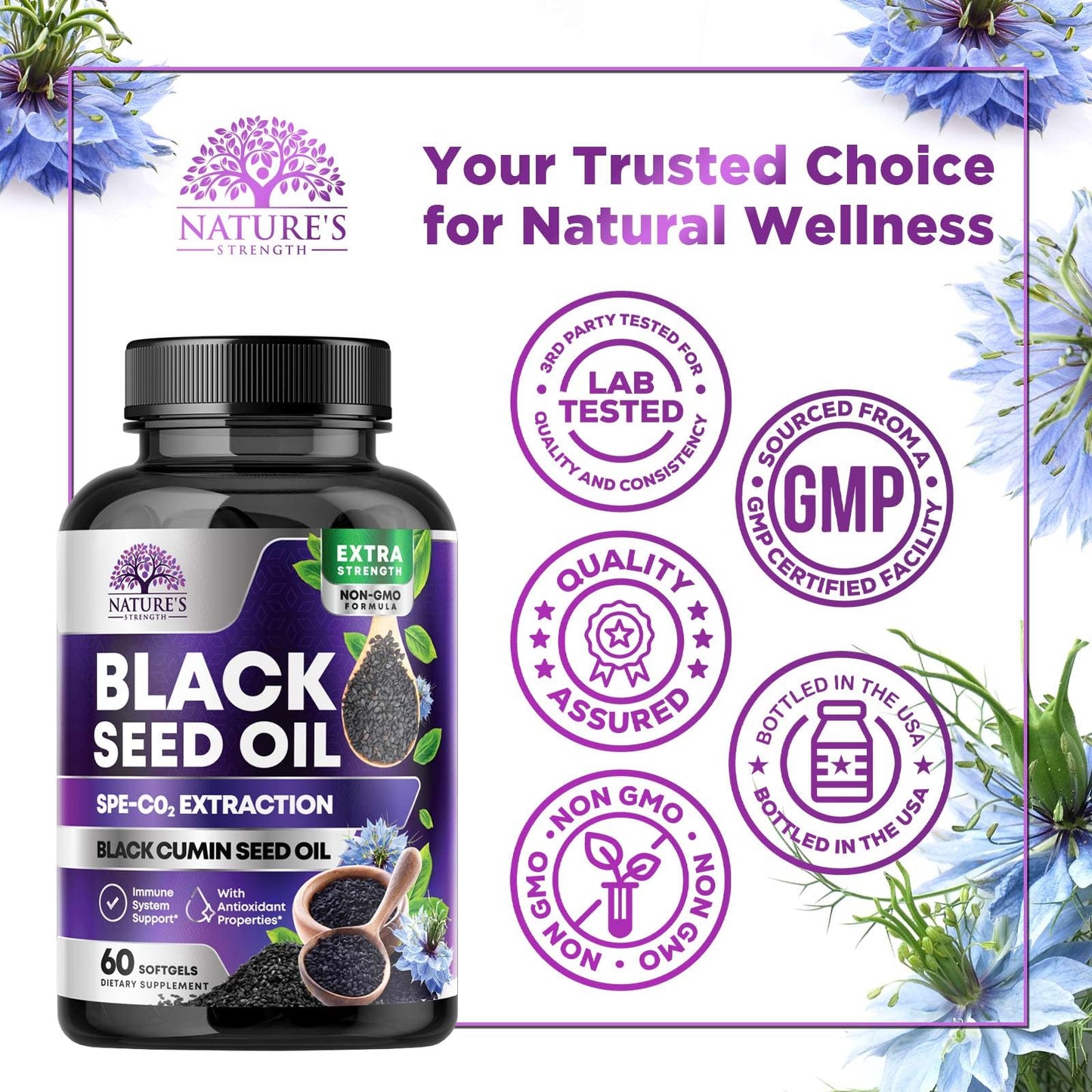 Black Seed Oil Capsules 1000mg with Thymoquinone - Pure Nigella Sativa for Skin Health & Immune Support, 60 Softgels