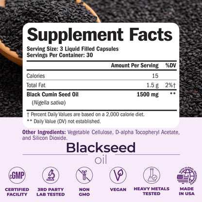 Black Seed Oil Capsules - Cold-Pressed 1500mg, Vegan 90 Caps