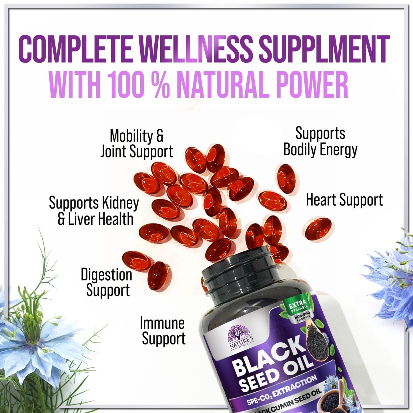 Black Seed Oil Capsules 1000mg with Thymoquinone - Pure Nigella Sativa for Skin Health & Immune Support, 60 Softgels