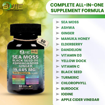Sea Moss Capsules Ginger - 60 Caps | Energy, Immunity & Skin Health | Vegan & Non-GMO