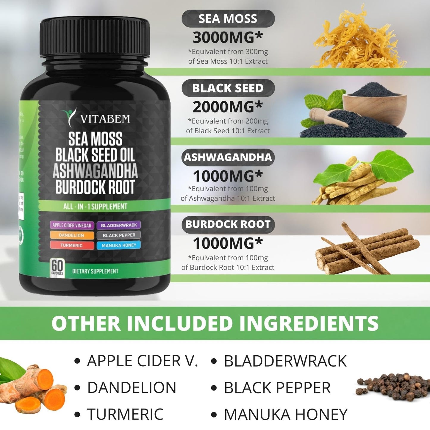 Sea Moss Black Seed Oil Ashwagandha Turmeric Burdock Root | All-in-One Sea Moss Capsules - 60 Count