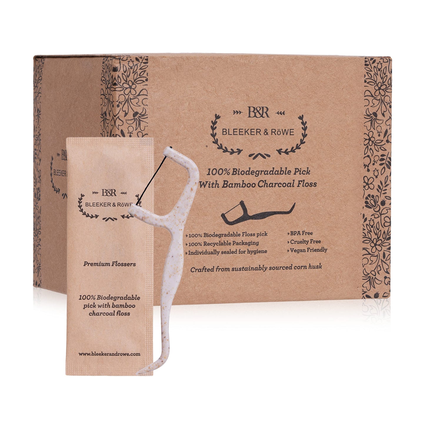 Bleeker & Rowe Biodegradable Floss Picks – 150 Pack, Eco-Friendly Bamboo Charcoal