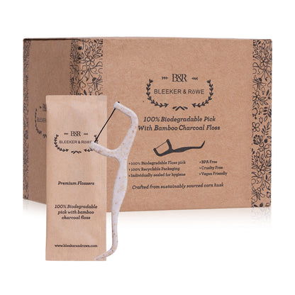 Bleeker & Rowe Biodegradable Floss Picks – 150 Pack, Eco-Friendly Bamboo Charcoal