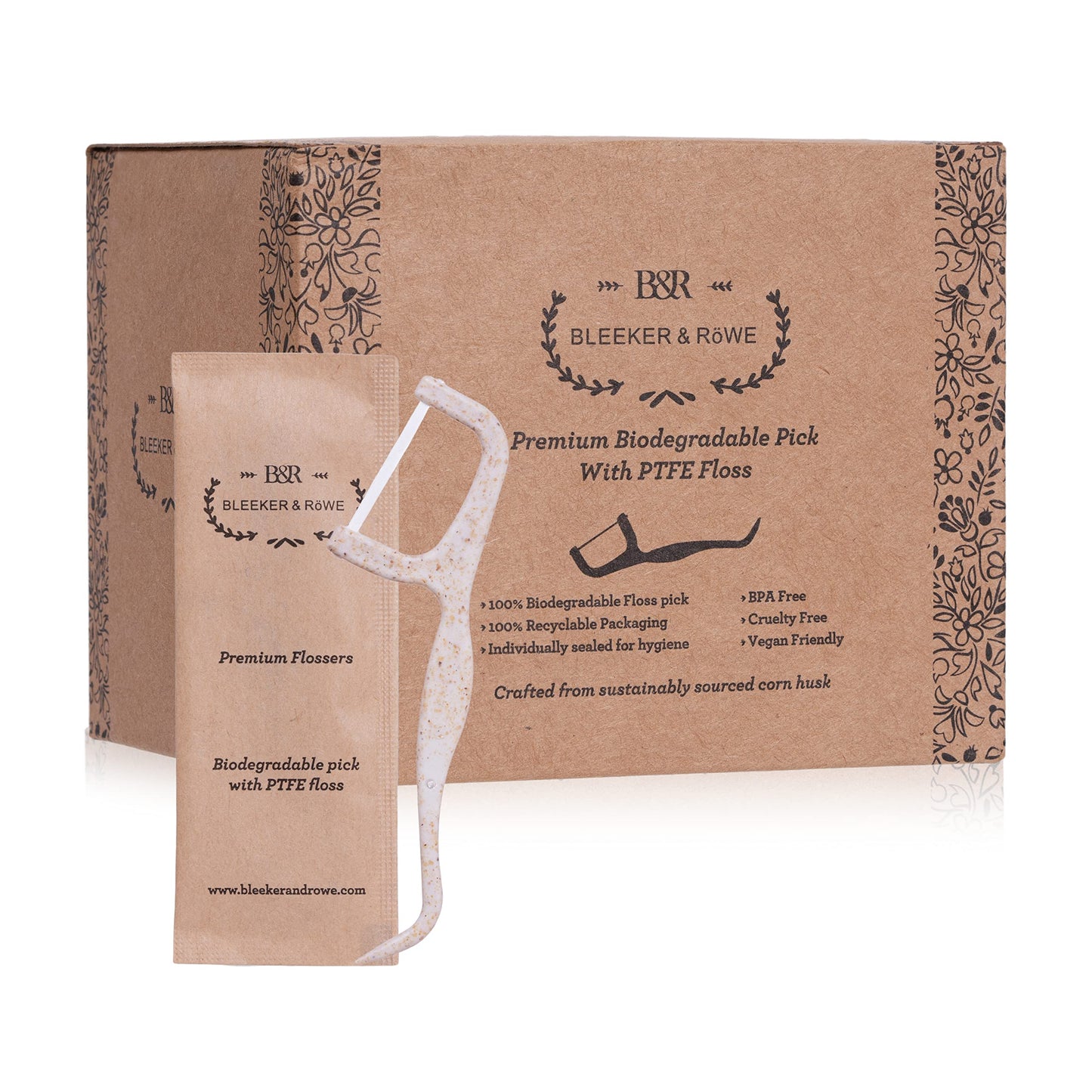 Bleeker and Rowe Biodegradable Floss Picks - Eco-Friendly PTFE Flossers 150 Pack