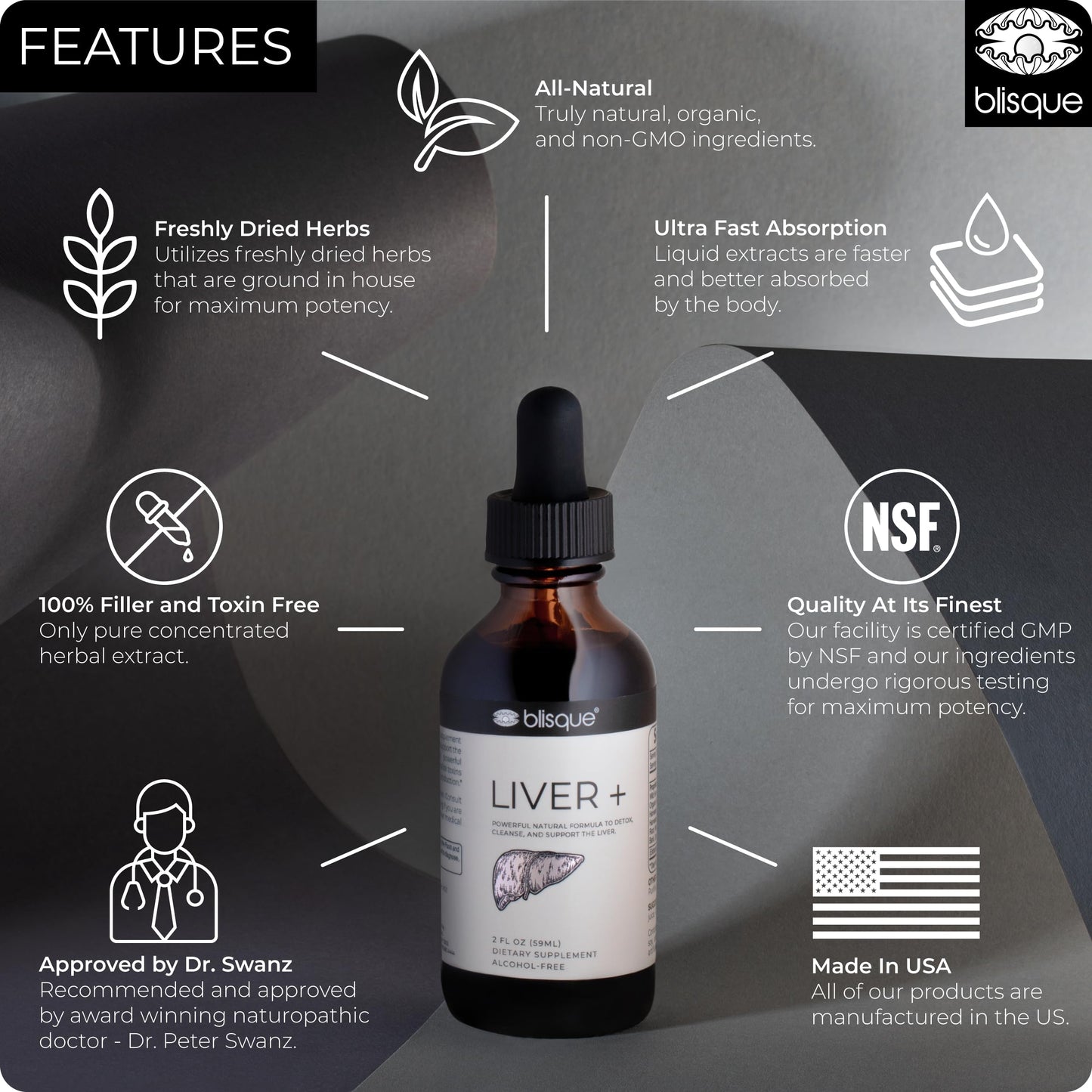 Blisque Liver Complex – Detox, Cleanse & Repair the Liver | Doctor-Approved | Milk Thistle & Dandelion Root | 2 oz | 59 Servings