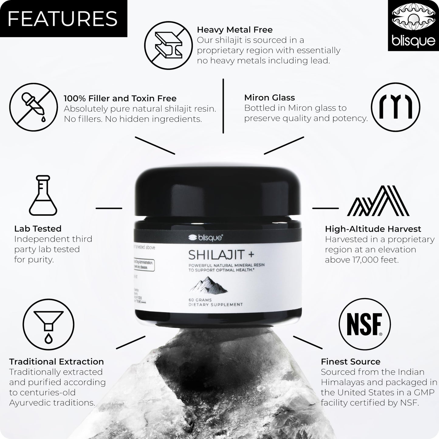 Blisque Shilajit Resin – Pure Himalayan Golden Grade A, Fulvic Acid & 85+ Minerals | 60 g