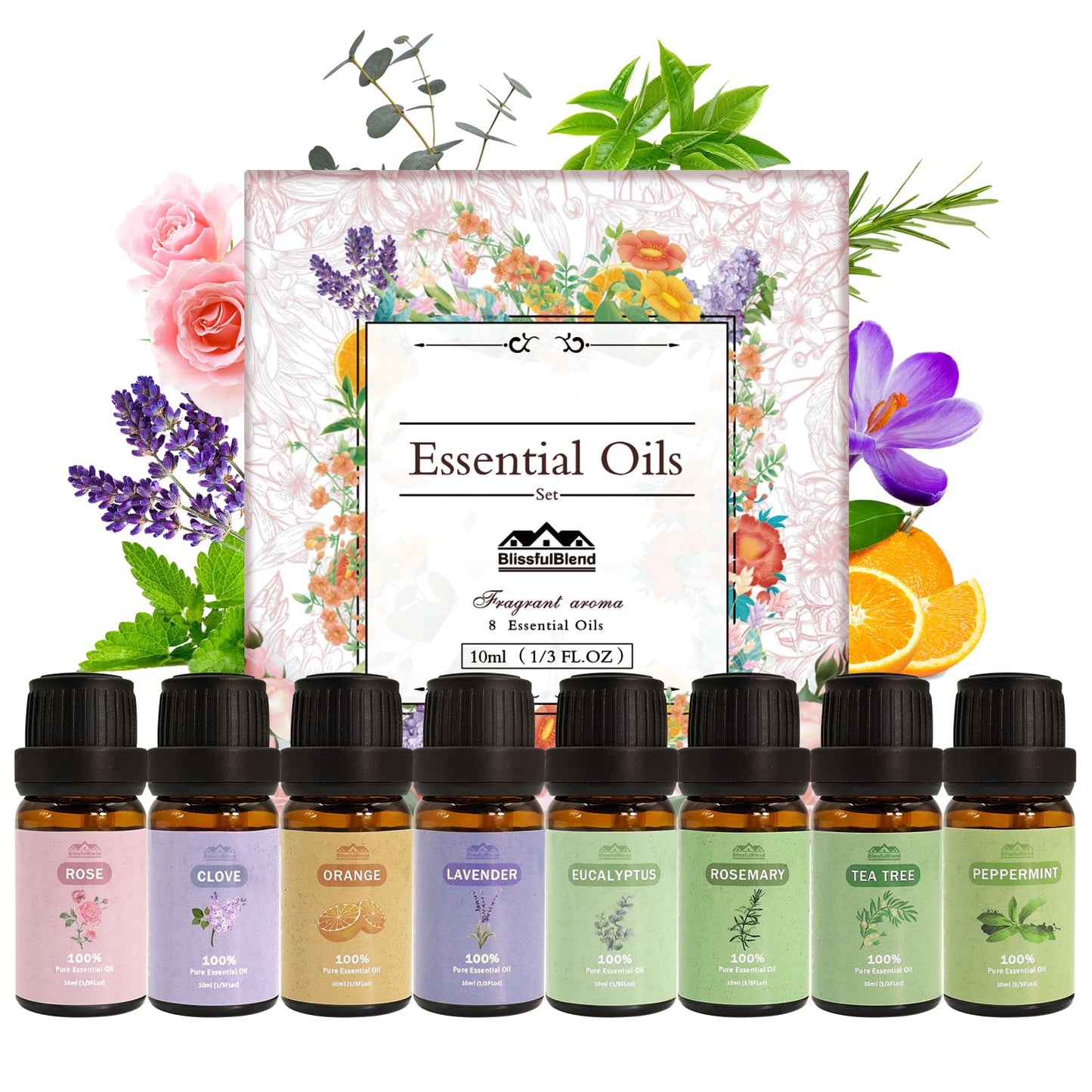 BlissfulBlend 8-Piece Pure Essential Oils Gift Set – Peppermint, Lavender, Eucalyptus & More