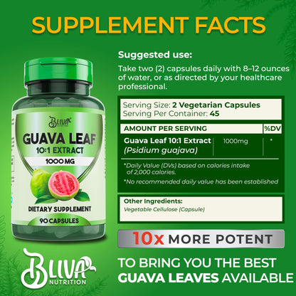 BLIVA Guava Leaf Extract Capsules – 1000 mg (10:1) – 90 Vegetarian Capsules