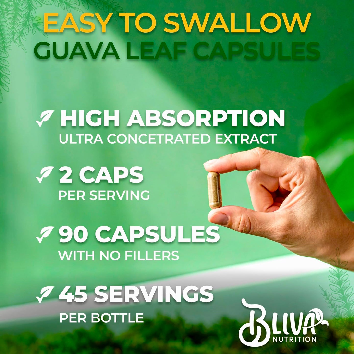 BLIVA Guava Leaf Extract Capsules – 1000 mg (10:1) – 90 Vegetarian Capsules