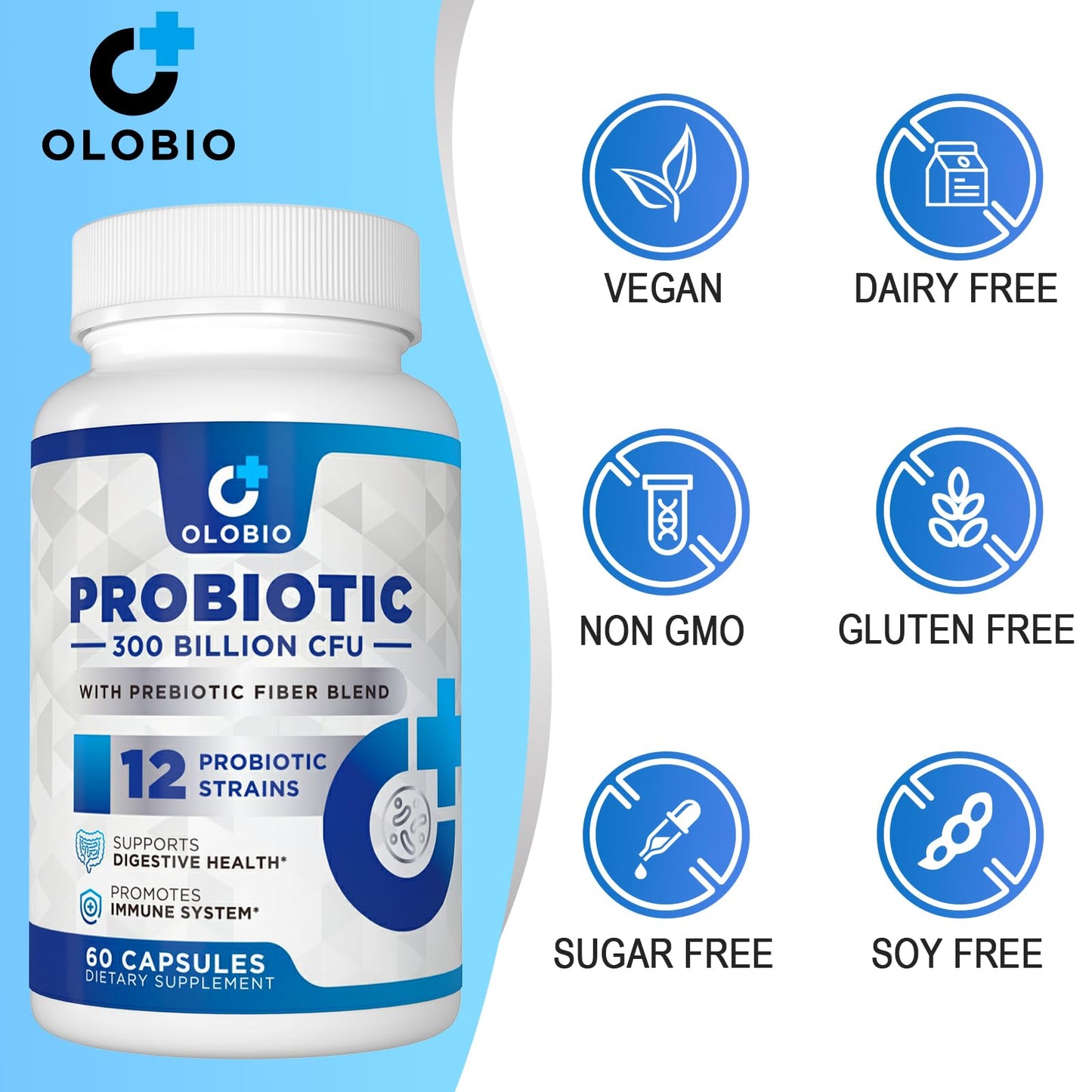 300 Billion CFU Probiotic – 12 Strains + 3 Prebiotics, Vegan