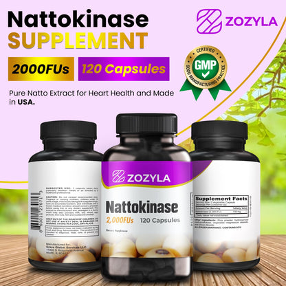 ZOZYLA Nattokinase 2000 FU Supplement – 120 Capsules – Natto Extract for Blood Flow – Non-GMO, Gluten Free, Vegan – Made in USA