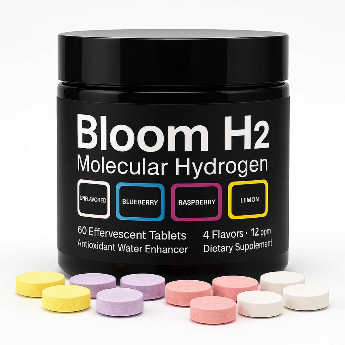 Bloom H2 Tabs – Hydrogen Water Tablets with Magnesium (12 ppm) – 60 Count, 4 Flavors