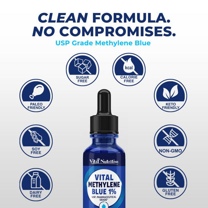 Vital Methylene Blue Drops 1% – Pharmaceutical Grade for Humans | 1 fl oz (30 mL)